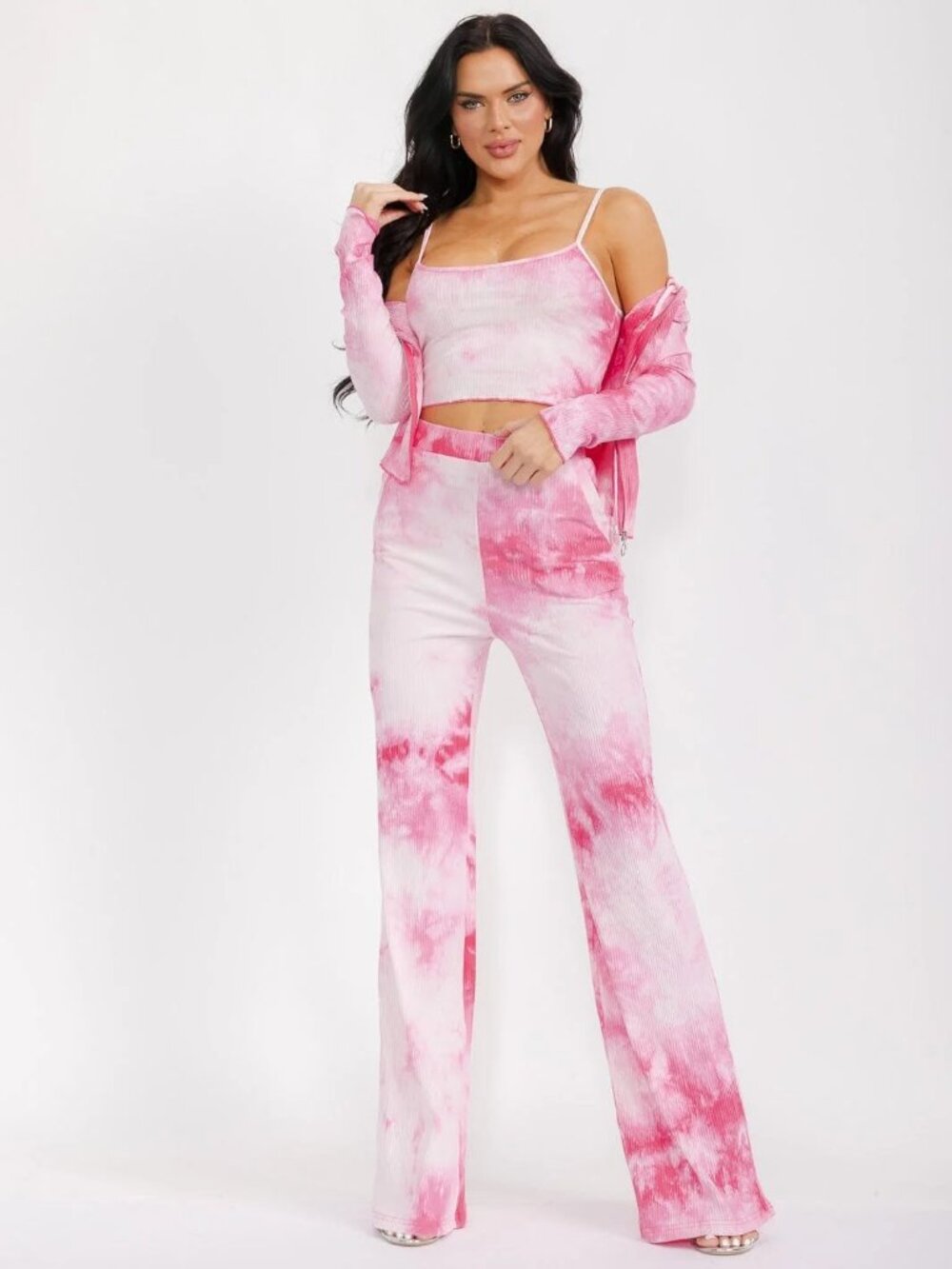 3 Piece Tie Dye Lounge Set Large Pink Ribbed Cami Top + Flare Pants + Hoodie Y2K